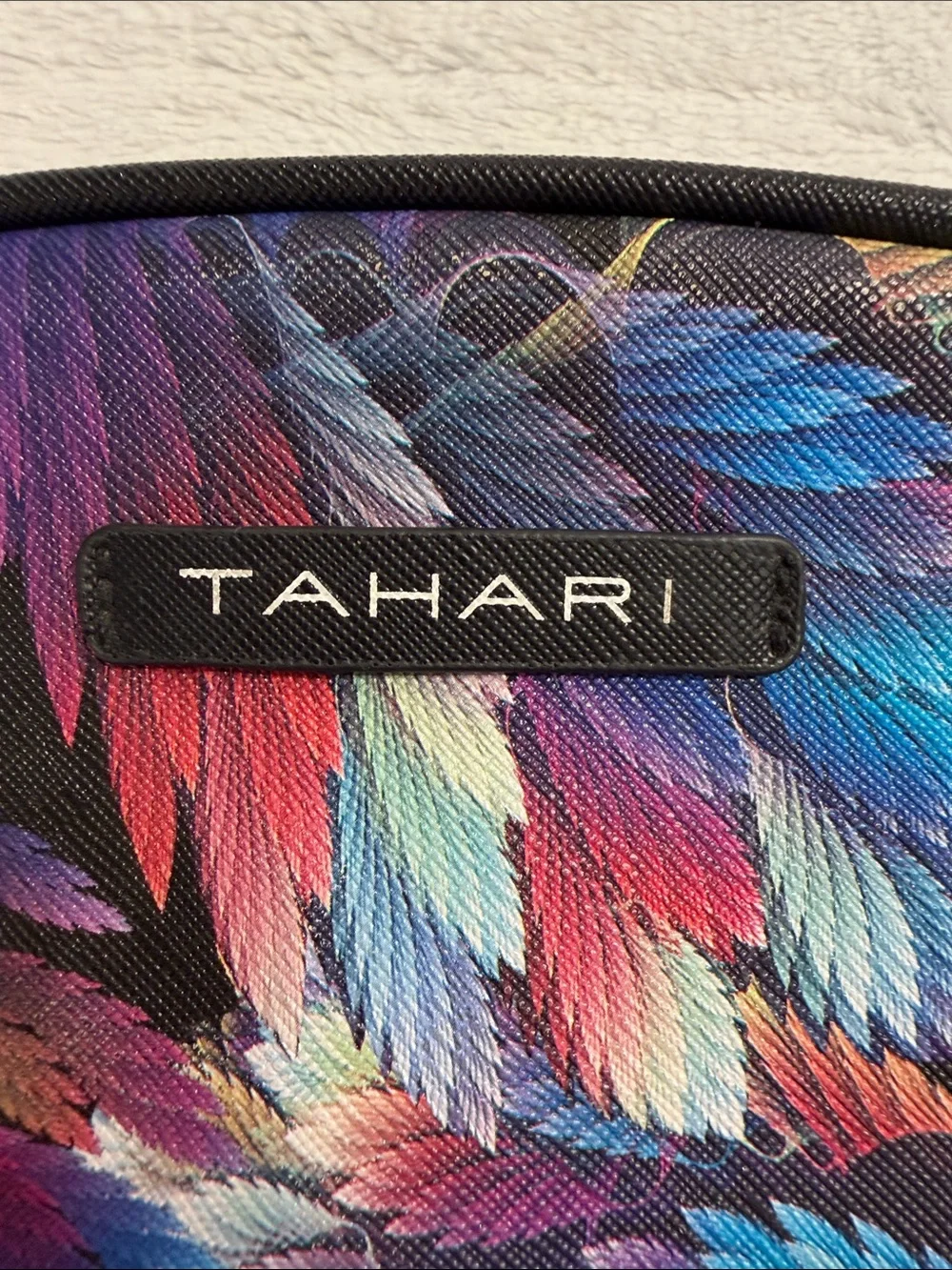 Tahari Black Cosmetic Pouch with Multicolor Feather Print